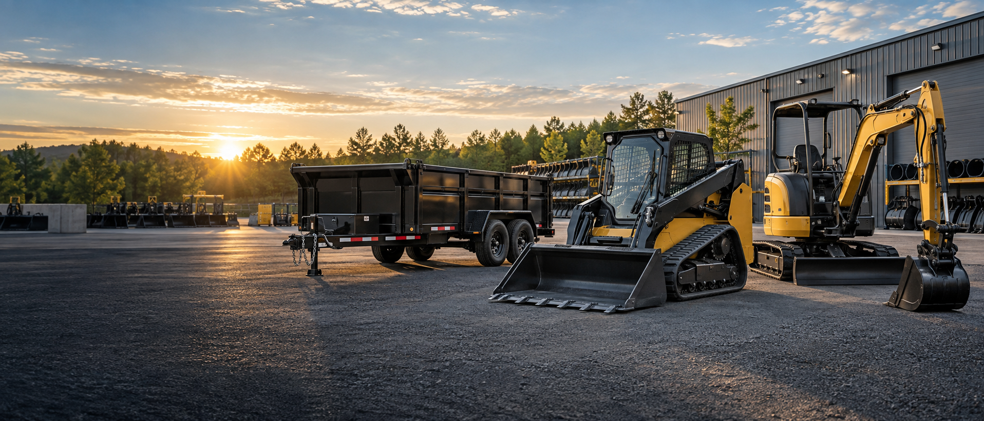 Dump trailer, skid steer, and mini excavator at the RentAll equipment yard